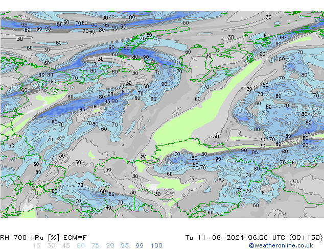 RH 700 hPa ECMWF Tu 11.06.2024 06 UTC