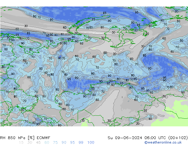 Humedad rel. 850hPa ECMWF dom 09.06.2024 06 UTC