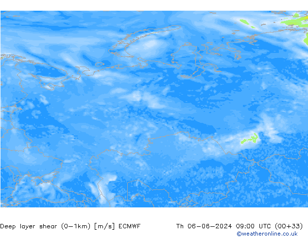 Deep layer shear (0-1km) ECMWF gio 06.06.2024 09 UTC