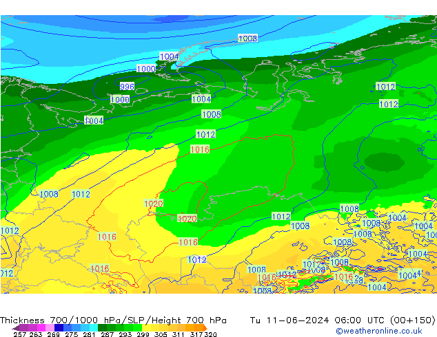 Thck 700-1000 hPa ECMWF Tu 11.06.2024 06 UTC