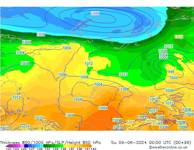 Espesor 850-1000 hPa ECMWF dom 09.06.2024 00 UTC