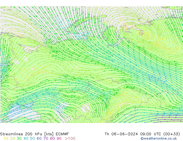 Linea di flusso 200 hPa ECMWF gio 06.06.2024 09 UTC