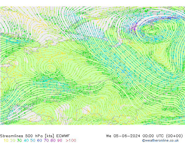 Linea di flusso 500 hPa ECMWF mer 05.06.2024 00 UTC