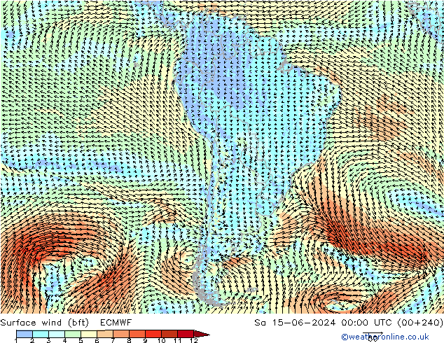 Vento 10 m (bft) ECMWF Sáb 15.06.2024 00 UTC