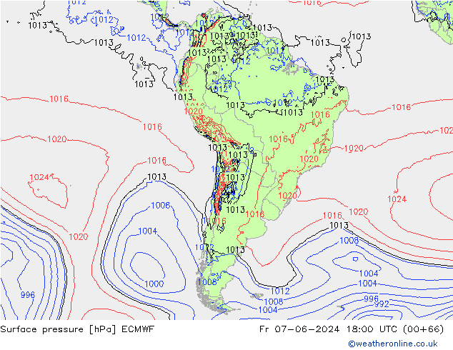 Presión superficial ECMWF vie 07.06.2024 18 UTC