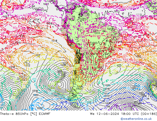 Theta-e 850гПа ECMWF ср 12.06.2024 18 UTC