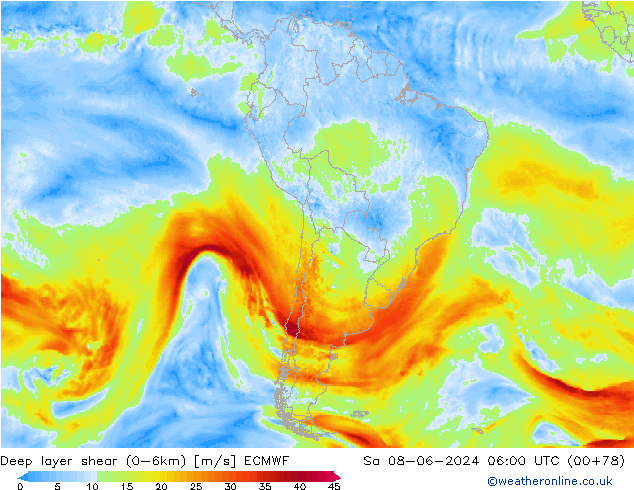 Deep layer shear (0-6km) ECMWF Cts 08.06.2024 06 UTC