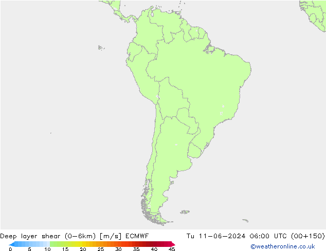 Deep layer shear (0-6km) ECMWF Út 11.06.2024 06 UTC