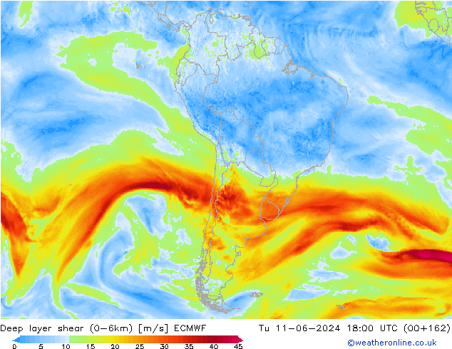 Deep layer shear (0-6km) ECMWF Ter 11.06.2024 18 UTC