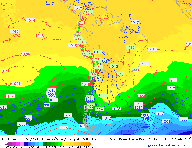 Espesor 700-1000 hPa ECMWF dom 09.06.2024 06 UTC