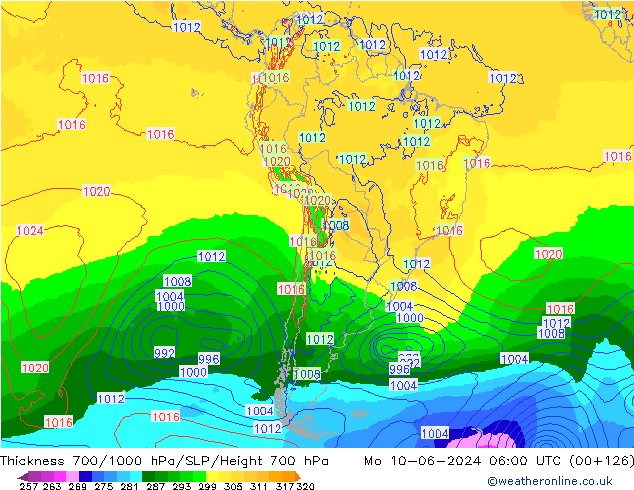 Thck 700-1000 гПа ECMWF пн 10.06.2024 06 UTC