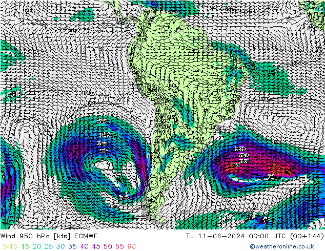 Wind 950 hPa ECMWF Út 11.06.2024 00 UTC