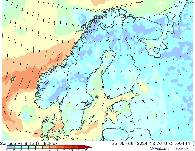 wiatr 10 m (bft) ECMWF nie. 09.06.2024 18 UTC