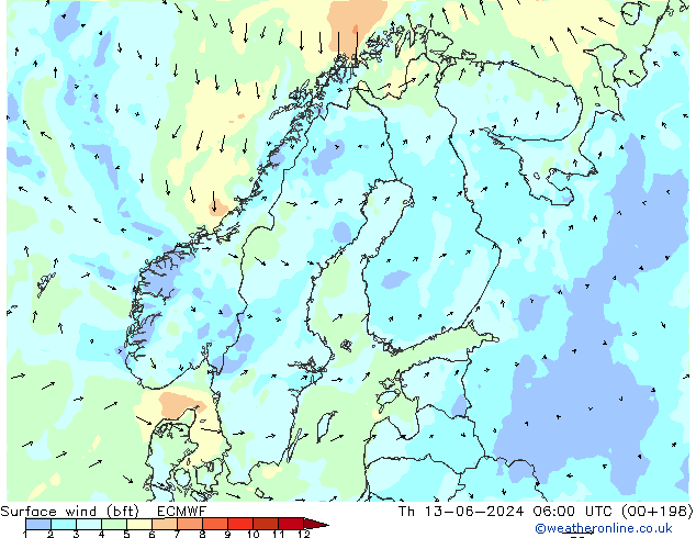 Bodenwind (bft) ECMWF Do 13.06.2024 06 UTC