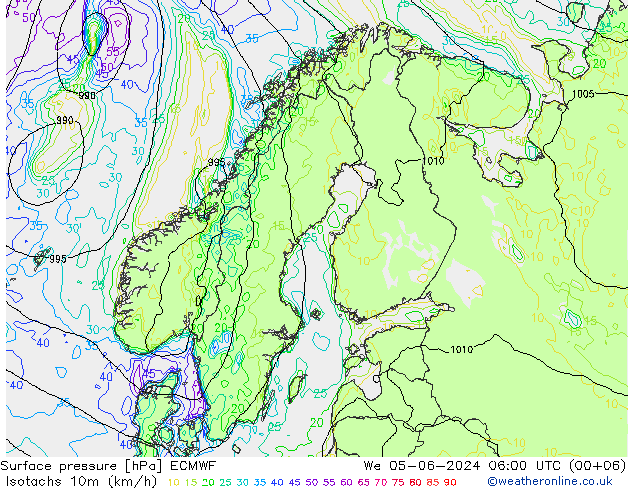 Isotachs (kph) ECMWF We 05.06.2024 06 UTC