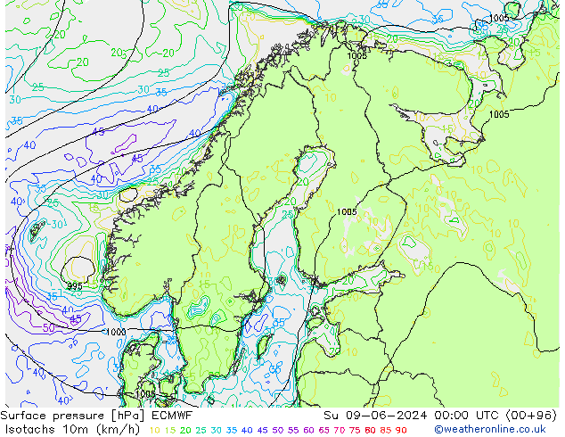 Isotachen (km/h) ECMWF So 09.06.2024 00 UTC