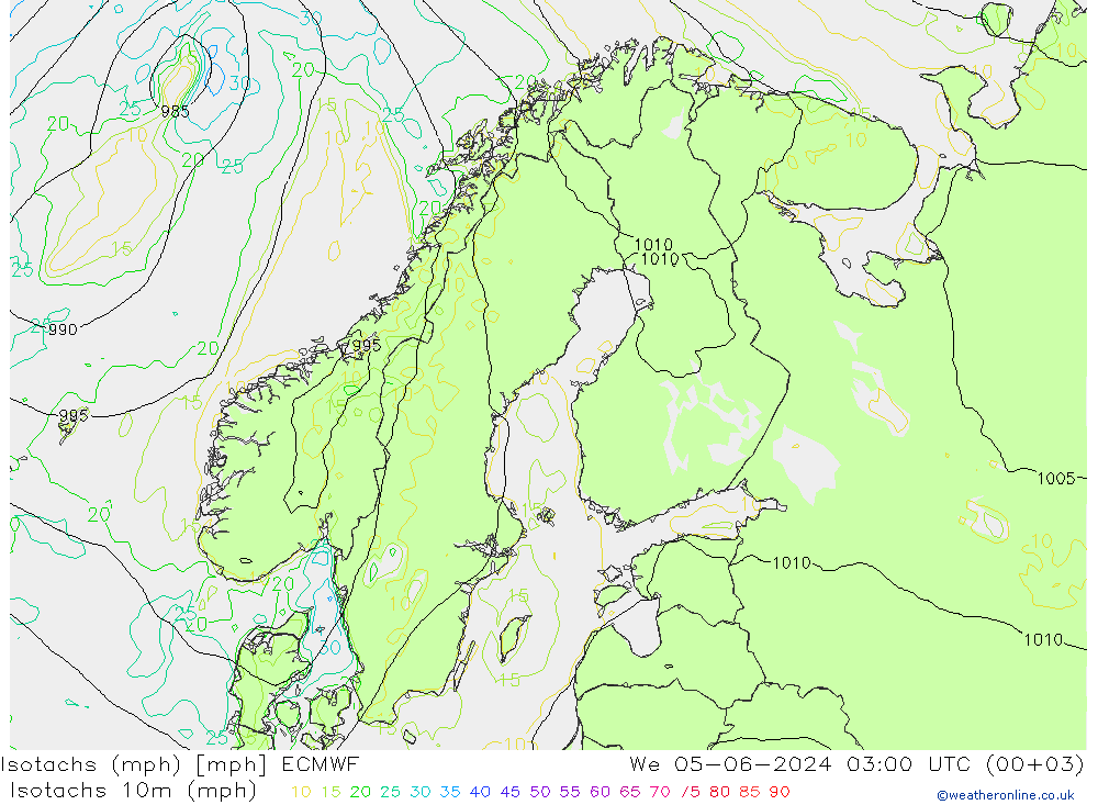 Isotachs (mph) ECMWF 星期三 05.06.2024 03 UTC
