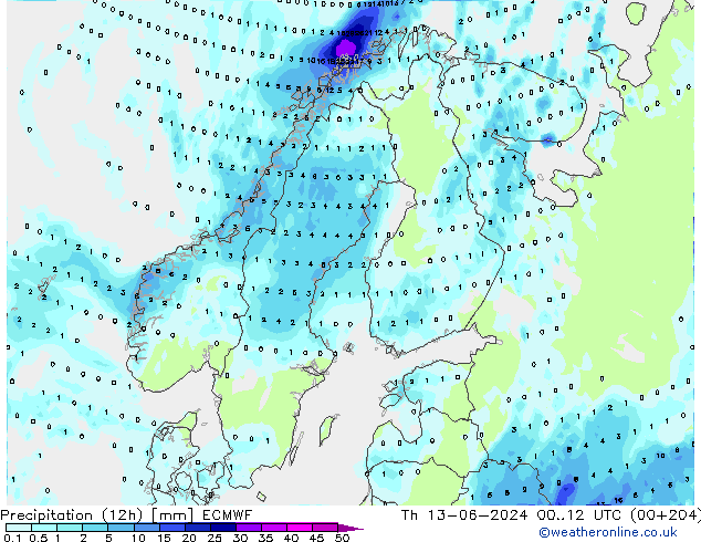 Totale neerslag (12h) ECMWF do 13.06.2024 12 UTC