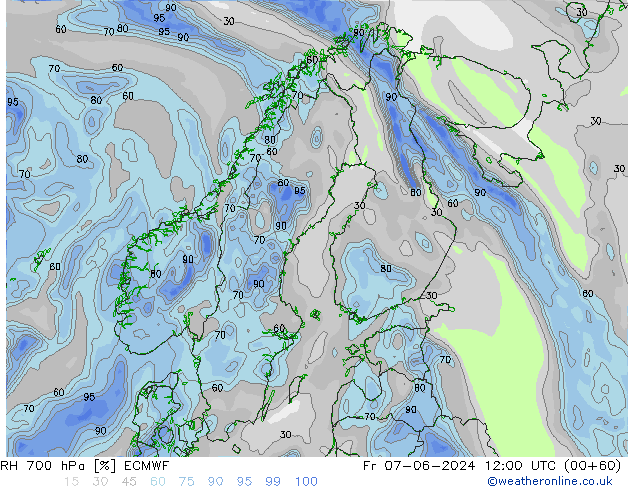 Humedad rel. 700hPa ECMWF vie 07.06.2024 12 UTC