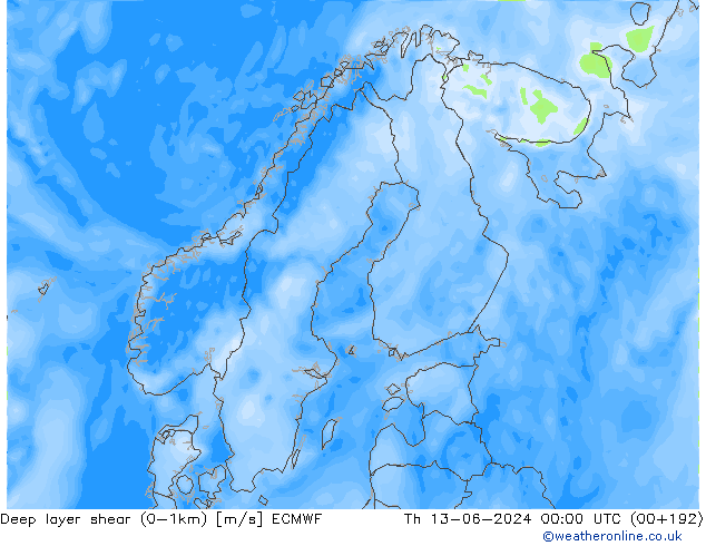 Deep layer shear (0-1km) ECMWF czw. 13.06.2024 00 UTC