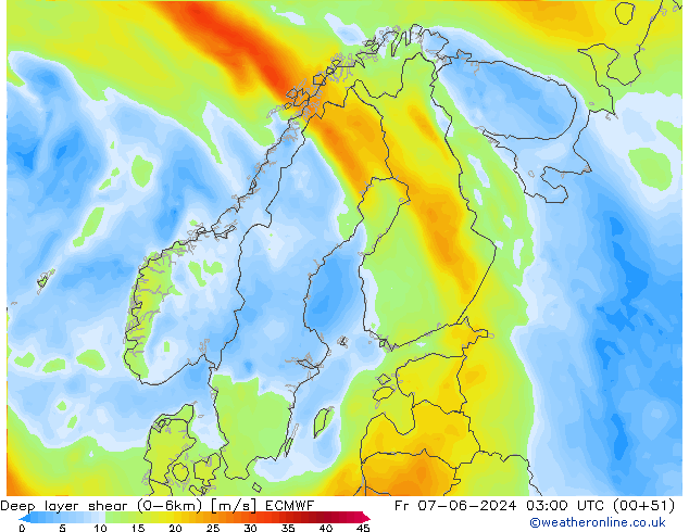 Deep layer shear (0-6km) ECMWF ven 07.06.2024 03 UTC