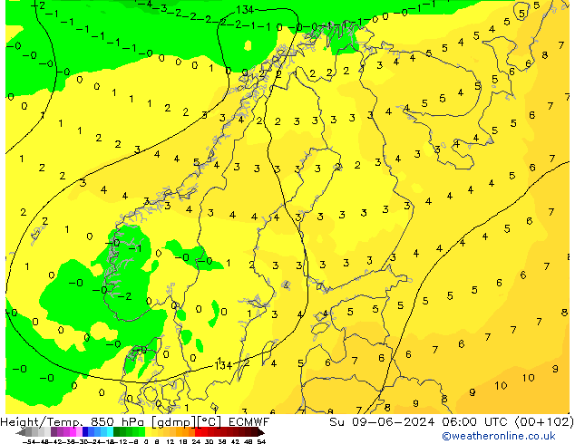 Height/Temp. 850 hPa ECMWF Su 09.06.2024 06 UTC