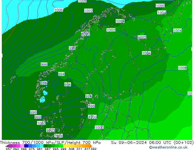 Dikte700-1000 hPa ECMWF zo 09.06.2024 06 UTC