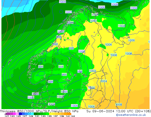 Dikte 850-1000 hPa ECMWF zo 09.06.2024 12 UTC