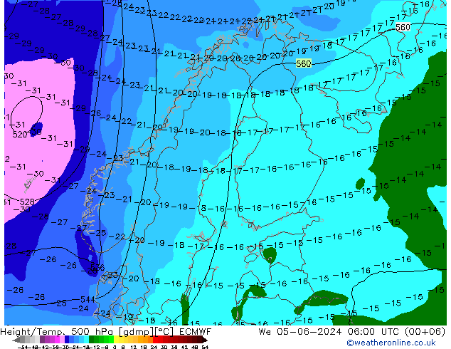 Z500/Rain (+SLP)/Z850 ECMWF mer 05.06.2024 06 UTC