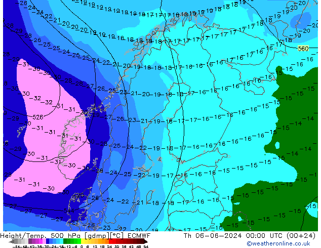 Z500/Rain (+SLP)/Z850 ECMWF Th 06.06.2024 00 UTC