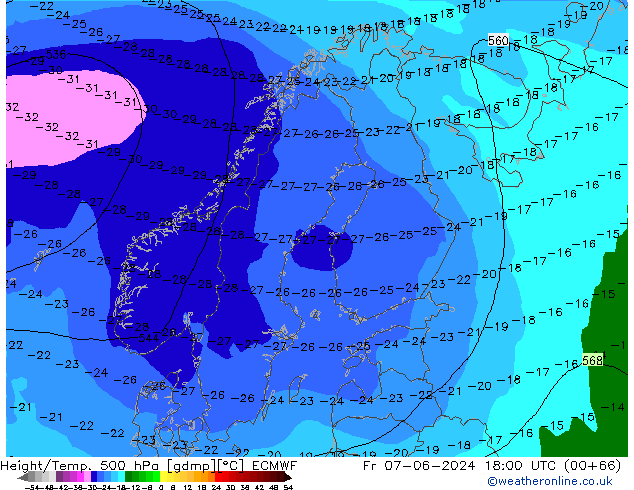 Z500/Rain (+SLP)/Z850 ECMWF vie 07.06.2024 18 UTC