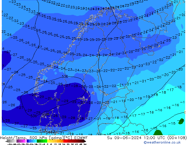 Z500/Rain (+SLP)/Z850 ECMWF Dom 09.06.2024 12 UTC