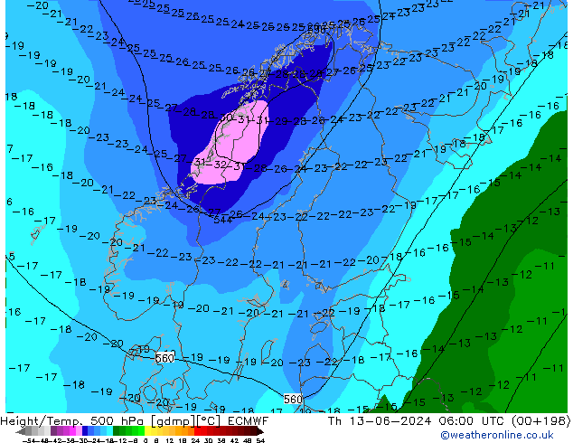 Z500/Rain (+SLP)/Z850 ECMWF Th 13.06.2024 06 UTC