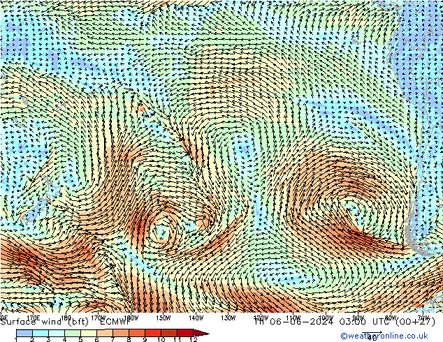 Rüzgar 10 m (bft) ECMWF Per 06.06.2024 03 UTC