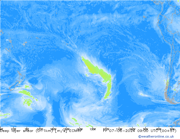 Deep layer shear (0-1km) ECMWF vr 07.06.2024 09 UTC