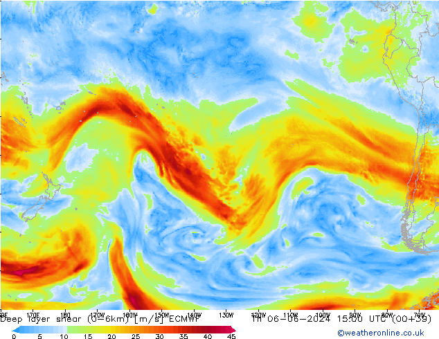 Deep layer shear (0-6km) ECMWF jeu 06.06.2024 15 UTC