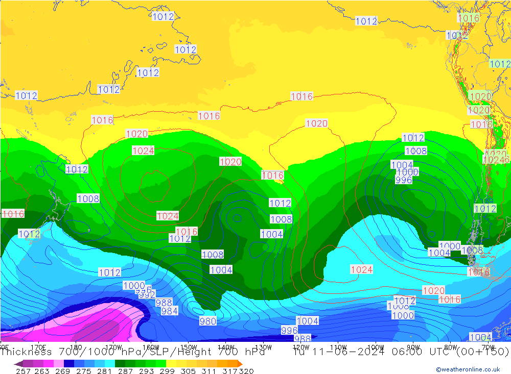 Espesor 700-1000 hPa ECMWF mar 11.06.2024 06 UTC