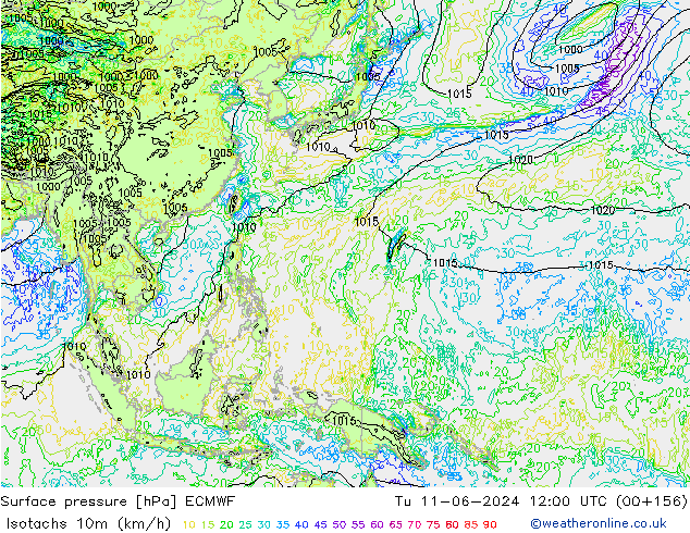 Izotacha (km/godz) ECMWF wto. 11.06.2024 12 UTC