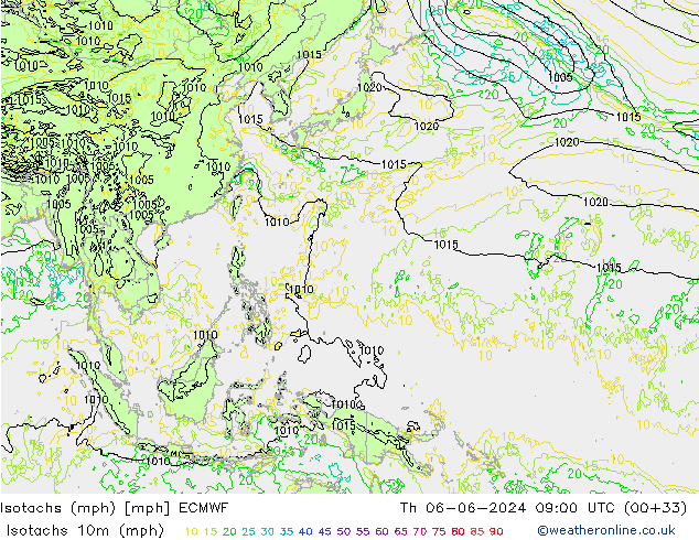 Isotachs (mph) ECMWF jeu 06.06.2024 09 UTC