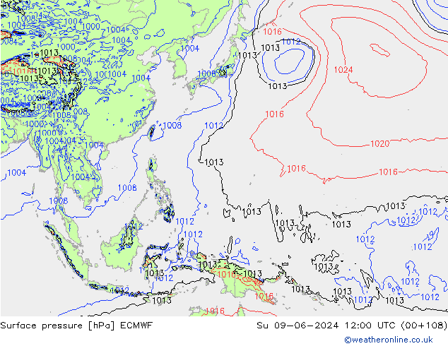 Atmosférický tlak ECMWF Ne 09.06.2024 12 UTC