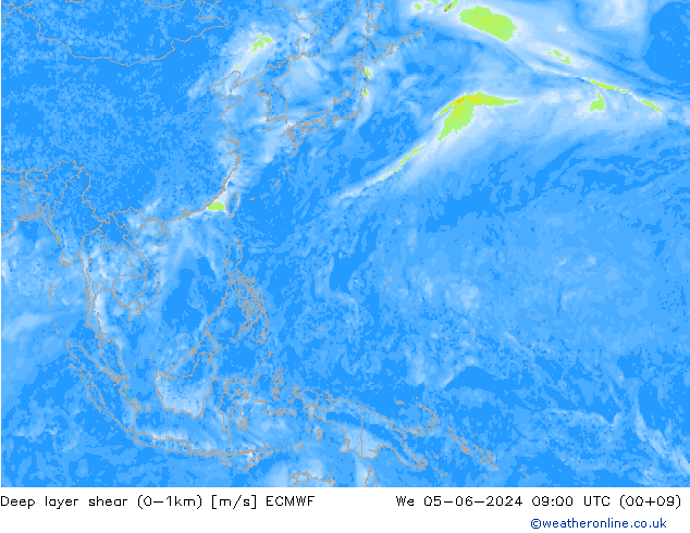 Deep layer shear (0-1km) ECMWF mer 05.06.2024 09 UTC