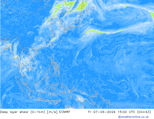 Deep layer shear (0-1km) ECMWF ven 07.06.2024 15 UTC