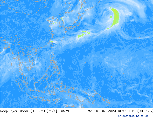 Deep layer shear (0-1km) ECMWF Mo 10.06.2024 06 UTC