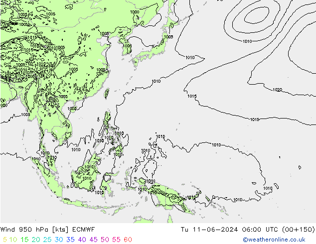 wiatr 950 hPa ECMWF wto. 11.06.2024 06 UTC