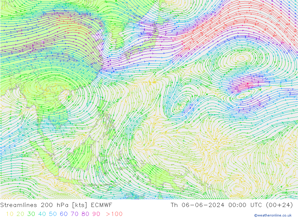 Linea di flusso 200 hPa ECMWF gio 06.06.2024 00 UTC