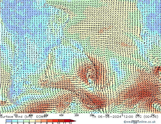 Vent 10 m (bft) ECMWF jeu 06.06.2024 12 UTC