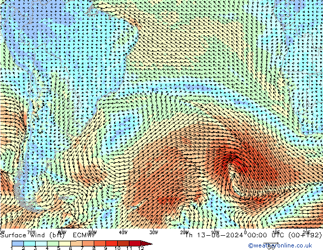 wiatr 10 m (bft) ECMWF czw. 13.06.2024 00 UTC