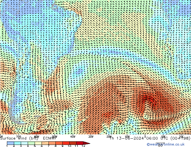 Viento 10 m (bft) ECMWF jue 13.06.2024 06 UTC