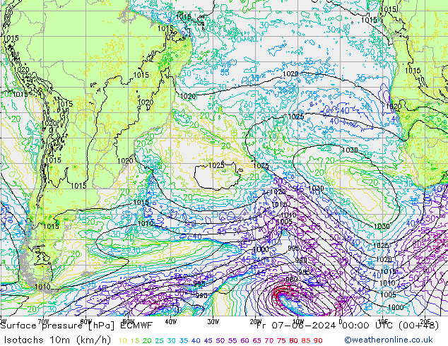 Isotaca (kph) ECMWF vie 07.06.2024 00 UTC