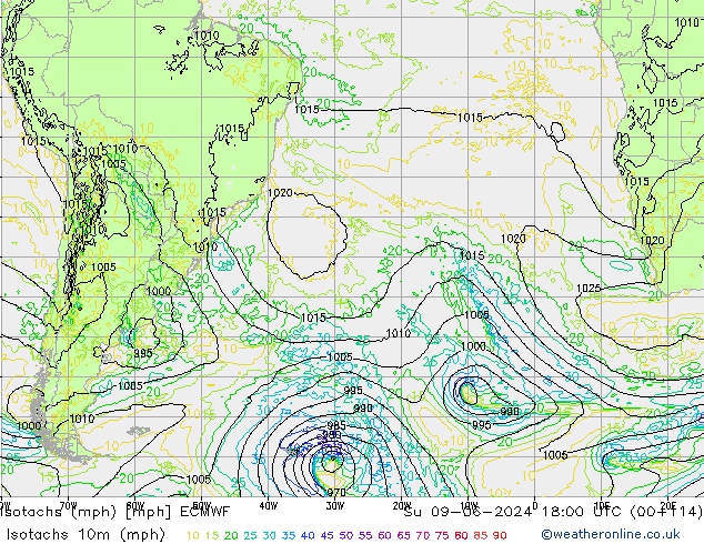 Izotacha (mph) ECMWF nie. 09.06.2024 18 UTC